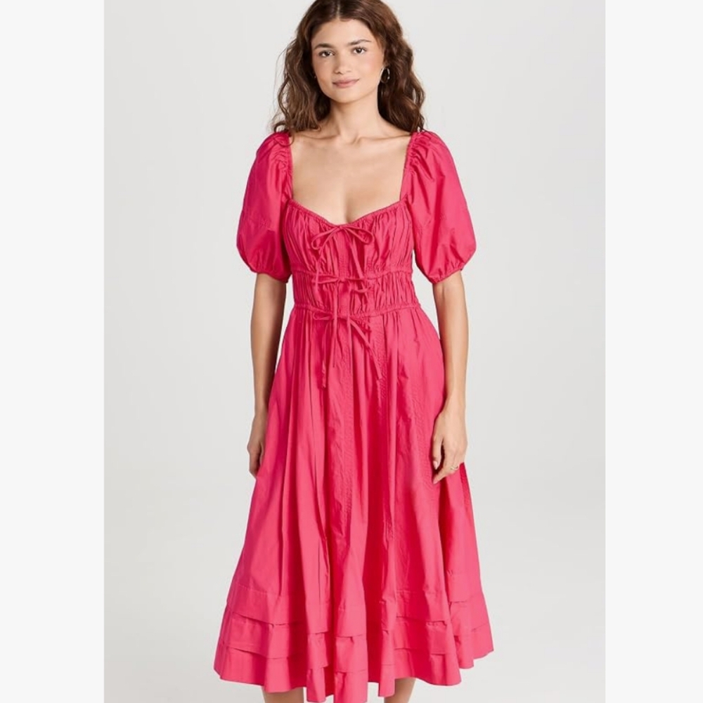 Ulla Johnson Palma Vibrant Barbie Pink Peasant Cotton Puff Sleeve Midi Dress